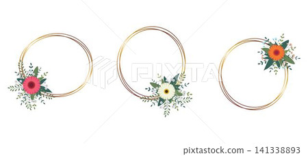 Set of gold circle frame with arrangement. Perfect for wedding invitation cards, luxury templates Set of gold circle frame with arrangement. Perfect for wedding invitation cards, luxury templates 141338893