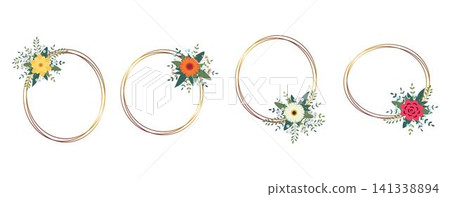 Set of gold circle frame with arrangement. Perfect for wedding invitation cards, luxury templates Set of gold circle frame with arrangement. Perfect for wedding invitation cards, luxury templates 141338894