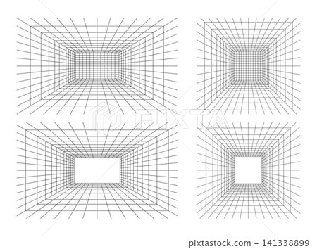 Set of Grid room in perspective in 3d style. Indoor wireframe from black laser beam, digital empty box. Abstract geometric design Set of Grid room in perspective in 3d style. Indoor wireframe from black laser beam, digital empty box. Abstract geometric design 141338899