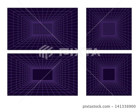 Set of Grid room in perspective in 3d style. Indoor wireframe from violet laser beam, digital empty box. Abstract geometric design Set of Grid room in perspective in 3d style. Indoor wireframe from violet laser beam, digital empty box. Abstract geometric design 141338900