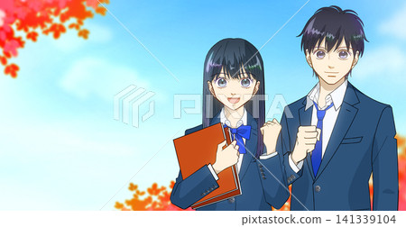 An anime-style illustration of students in autumn, with space on the left. An anime-style illustration of students in autumn, with space on the left. 141339104