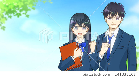 An anime-style illustration of students with positive expressions and triumphant gestures against a vast blue sky, with space on the left. 141339105