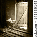 Manger in the barn. Christmas background 141339145