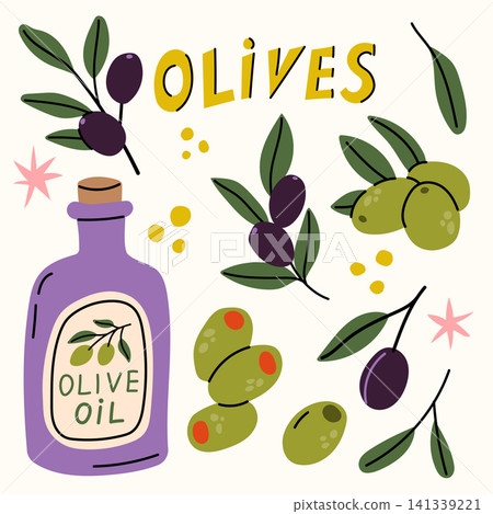 Hand Drawn Olive Collection with Olive Oil Bottle Stuffed and Black Olives 141339221