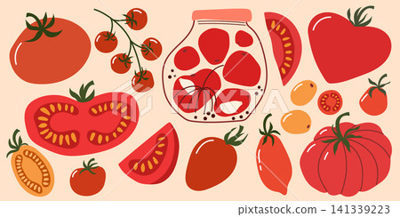 Fresh Tomato Harvest Set with Pickled Tomatoes in Glass Jar Fresh Tomato Harvest Set with Pickled Tomatoes in Glass Jar 141339223