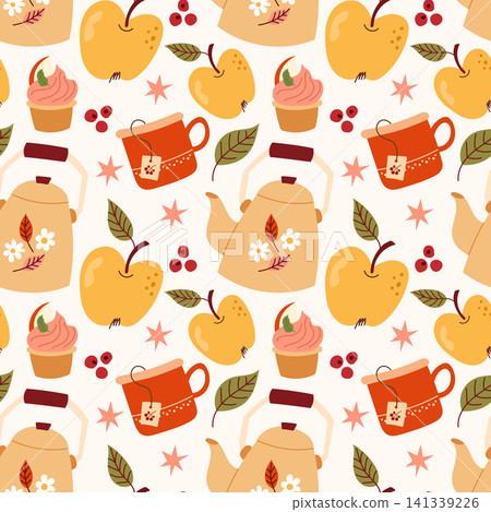 Autumn Cozy Teapot and Apple Seamless Pattern Design Autumn Cozy Teapot and Apple Seamless Pattern Design 141339226