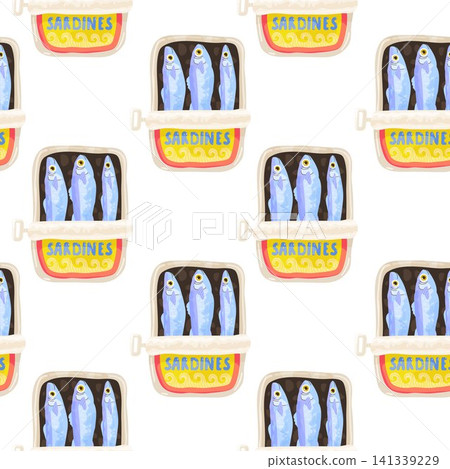 Seamless pattern with open sardine tins and blue fish on white background Seamless pattern with open sardine tins and blue fish on white background 141339229