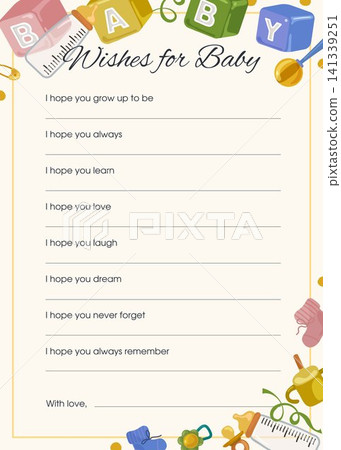 Wishes for baby shower printable with writing prompts baby items border and copy space Wishes for baby shower printable with writing prompts baby items border and copy space 141339251