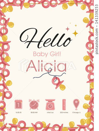 Baby girl birth announcement template with pacifier border Baby girl birth announcement template with pacifier border 141339253