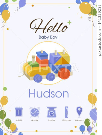 Baby boy birth announcement card with wooden toy train and balloons Baby boy birth announcement card with wooden toy train and balloons 141339255