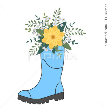 Cute bouquet in blue rubber boots. Gardening boot with flowers. Spring Concept Cute bouquet in blue rubber boots. Gardening boot with flowers. Spring Concept 141339346