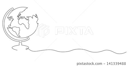One continuous line drawing of school globe.World map doodle line drawing. Earth map hand drawn symbol One continuous line drawing of school globe.World map doodle line drawing. Earth map hand drawn symbol 141339488