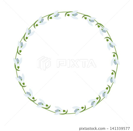 Snowdrops hand drawn flower wreath. Vintage Romantic floral round frame. Floral arrangement for wedding invitation, Birthday 141339577
