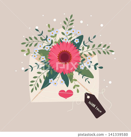 Spring bouquet of flower in paper envelope with label. Concept for mother's day, March 8 Spring bouquet of flower in paper envelope with label. Concept for mother's day, March 8 141339580