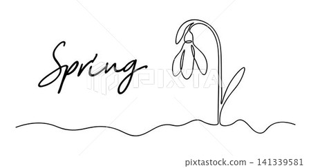 Spring snowdrop flower in continuous line art style. Spring background with snowdrop, environmental protection design concept, Earth day, the arrival of spring Spring snowdrop flower in continuous line art style. Spring background with snowdrop, environmental protection design concept, Earth day, the arrival of spring 141339581