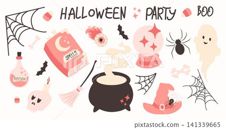 Halloween pink elements set. Cute decor of magical elements in a simple naive style. For scrapbooking, greeting card, party invitation Halloween pink elements set. Cute decor of magical elements in a simple naive style. For scrapbooking, greeting card, party invitation 141339665