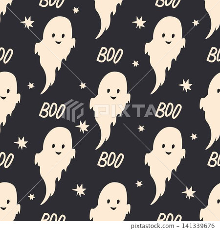 Seamless patterns with cute ghosts on black background. Simple spooky character. Festive background for Halloween. Boo Seamless patterns with cute ghosts on black background. Simple spooky character. Festive background for Halloween. Boo 141339676