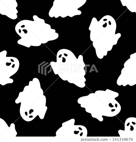 Seamless patterns with cute ghosts on black background. Simple spooky character. Festive background for Halloween Seamless patterns with cute ghosts on black background. Simple spooky character. Festive background for Halloween 141339679