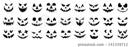 Set of spooky pumpkin smiles. Horror and scary faces. Design for holiday Halloween Set of spooky pumpkin smiles. Horror and scary faces. Design for holiday Halloween 141339712