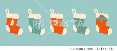 Set of winter Christmas socks. Elements of winter celebration with different designs Set of winter Christmas socks. Elements of winter celebration with different designs 141339718
