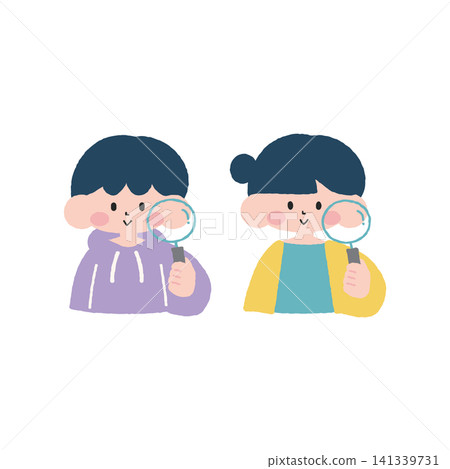 插圖描繪了一個男孩、一個女孩和一個孩子拿著放大鏡。 插圖描繪了一個男孩、一個女孩和一個孩子拿著放大鏡。 141339731