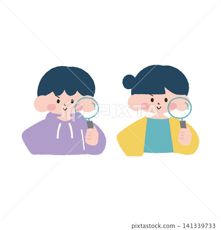 插圖描繪了一個男孩、一個女孩和一個孩子拿著放大鏡。 插圖描繪了一個男孩、一個女孩和一個孩子拿著放大鏡。 141339733
