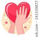 Human Hands with Ring on Ring Finger Holding Pink Heart Shape for Love Affection Relationship and Valentine's Day Concept Illustration Clip Art 141339877