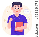 Happy Cute Student Pupil Boy Holding a Book and Doing Thumbs Up for Reading and Education Concept Illustration Clip Art 141339878