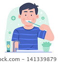Happy Kid Boy Brushing Teeth for Dental Healthcare and Daily Hygienic Lifestyle Routine Concept Illustration Clip Art tooth, teeth, dental, dentistry, dent, dental health, toothbrush, toothpaste, heal 141339879