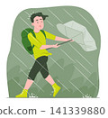 Teenager Boy Holding Broken Umbrella while Walking Outdoor in Heavy Rain and Storm Wind for Rainy Seasonal Lifestyle Concept Illustration Clip Art 141339880