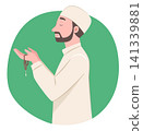 Muslim Man in Traditional Islamic Clothing Holding Prayer Beads for Praying to the God for Islamic Religious Ritual Concept Illustration Clip Art 141339881