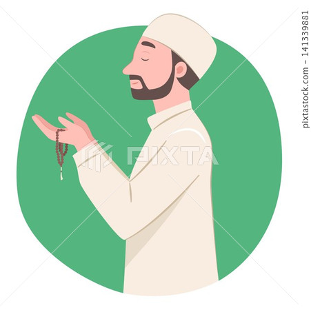 Muslim Man in Traditional Islamic Clothing Holding Prayer Beads for Praying to the God for Islamic Religious Ritual Concept Illustration Clip Art 141339881