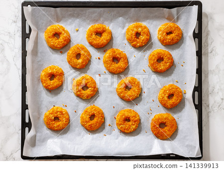 Crunchy Monterey Jack Hoops on a tray Crunchy Monterey Jack Hoops on a tray 141339913