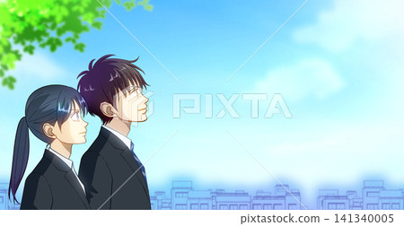 一幅動漫風格的插圖,描繪了一名男性或女性學生或上班族抬頭望著藍天,右側留有空白。 一幅動漫風格的插圖,描繪了一名男性或女性學生或上班族抬頭望著藍天,右側留有空白。 141340005