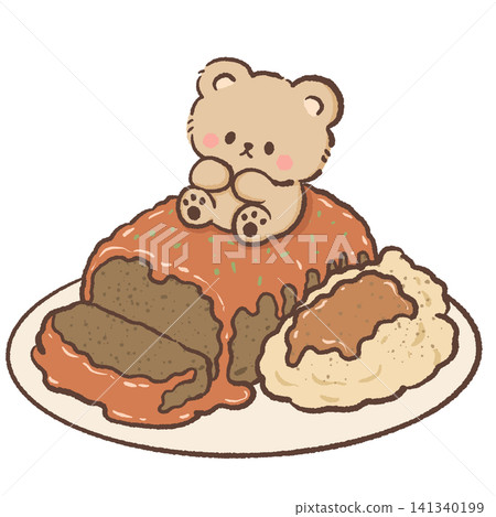 Cute Bear Sitting on Meatloaf with Creamy Mashed Potatoes Rich Brown Gravy Classic Homemade Comfort Food Dinner Illustration Cute Bear Sitting on Meatloaf with Creamy Mashed Potatoes Rich Brown Gravy Classic Homemade Comfort Food Dinner Illustration 141340199