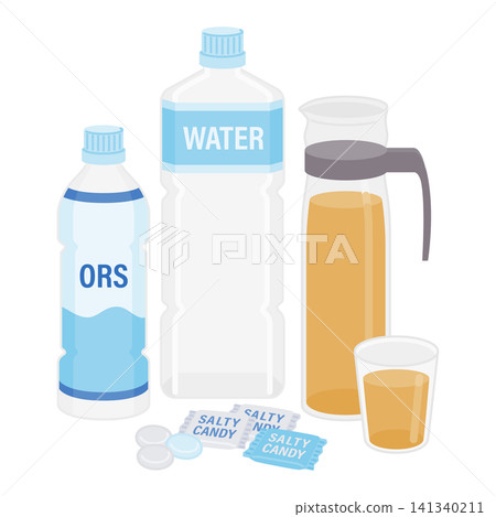 Illustrations of drinks and salt candies for preventing dehydration and heatstroke. 141340211