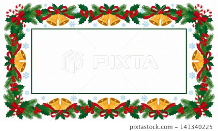 Festive holiday border frame featuring golden bells and holly berries for seasonal greeting cards and invitations with a classic winter theme design Festive holiday border frame featuring golden bells and holly berries for seasonal greeting cards and invitations with a classic winter theme design 141340225