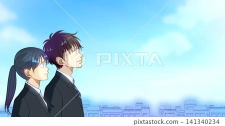 An anime-style illustration of a male or female student or working adult looking up at a blue sky, with space on the right. An anime-style illustration of a male or female student or working adult looking up at a blue sky, with space on the right. 141340234