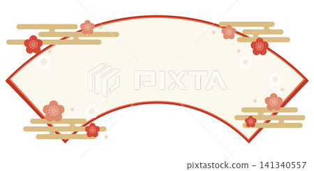 A Japanese-style fan-shaped frame adorned with plum blossoms and mist | New Year's card/2027 design background A Japanese-style fan-shaped frame adorned with plum blossoms and mist | New Year's card/2027 design background 141340557