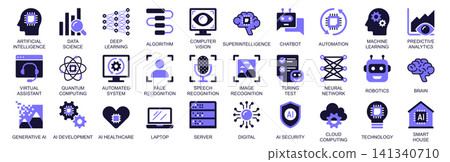 Artificial intelligence icon set in duotone solid icons web design. Pack pictograms of data science, deep learning, algorithm, computer, vision, chatbot, automation, test, more. Vector illustration. Artificial intelligence icon set in duotone solid icons web design. Pack pictograms of data science, deep learning, algorithm, computer, vision, chatbot, automation, test, more. Vector illustration. 141340710