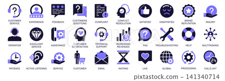 Customer service icon set in duotone solid icons web design. Pack pictograms of experience, feedback, question, complaint, conflict, resolution, satisfied, brand reputation, more. Vector illustration. Customer service icon set in duotone solid icons web design. Pack pictograms of experience, feedback, question, complaint, conflict, resolution, satisfied, brand reputation, more. Vector illustration. 141340714