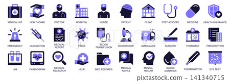 Medical icon set in duotone solid icons web design. Pack pictograms of healthcare, doctor, hospital, nurse, patient, clinic, stethoscope, medicine, emergency, vaccination, more. Vector illustration. Medical icon set in duotone solid icons web design. Pack pictograms of healthcare, doctor, hospital, nurse, patient, clinic, stethoscope, medicine, emergency, vaccination, more. Vector illustration. 141340715