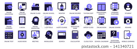 Online education icon set in duotone solid icons web design. Pack pictograms of teaching, class, school, mentor, degree, tuition, learning platform, student, academy, book, more. Vector illustration. 141340721