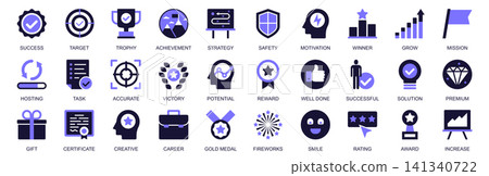 Success icon set in duotone solid icons web design. Pack pictograms of target, trophy, achievement, strategy, safety, motivation, winner, grow, mission, accurate, reward, more. Vector illustration. Success icon set in duotone solid icons web design. Pack pictograms of target, trophy, achievement, strategy, safety, motivation, winner, grow, mission, accurate, reward, more. Vector illustration. 141340722