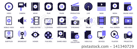 Video icon set in duotone solid icons web design. Pack pictograms of camera, movie, play, pause, production, cinema, media, online streaming, mute, editing, player, film, more. Vector illustration. Video icon set in duotone solid icons web design. Pack pictograms of camera, movie, play, pause, production, cinema, media, online streaming, mute, editing, player, film, more. Vector illustration. 141340729