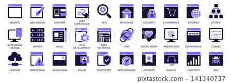 Website icon set in duotone solid icons web design. Pack pictograms of layout template, content, user experience, seo, homepage, security, e-commerce, internet, sitemap, more. Vector illustration. 141340737