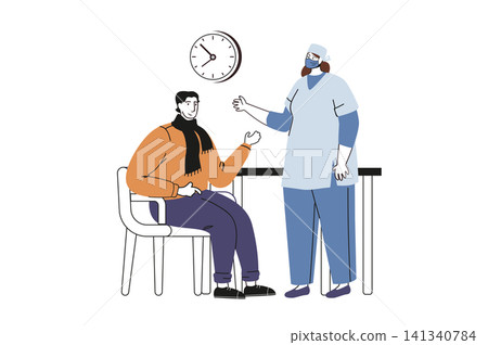 Medical clinic flat concept with people for web design. Sick man visiting doctor for diagnosis, getting professional consultation and assistance, doing checkup in hospital. Vector illustration. Medical clinic flat concept with people for web design. Sick man visiting doctor for diagnosis, getting professional consultation and assistance, doing checkup in hospital. Vector illustration. 141340784