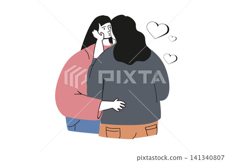 LGBTQ couple flat concept with people for web design. Happy homosexual women go on romantic date, hugging and kissing. Lesbian girlfriends falling in love and build relationship. Vector illustration. LGBTQ couple flat concept with people for web design. Happy homosexual women go on romantic date, hugging and kissing. Lesbian girlfriends falling in love and build relationship. Vector illustration. 141340807