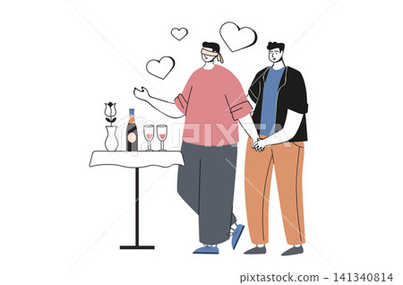 LGBTQ couple flat concept with people for web design. Happy homosexual men go on surprise romantic date, drinking and pastime. Gay partners take care and love in relationship. Vector illustration. LGBTQ couple flat concept with people for web design. Happy homosexual men go on surprise romantic date, drinking and pastime. Gay partners take care and love in relationship. Vector illustration. 141340814