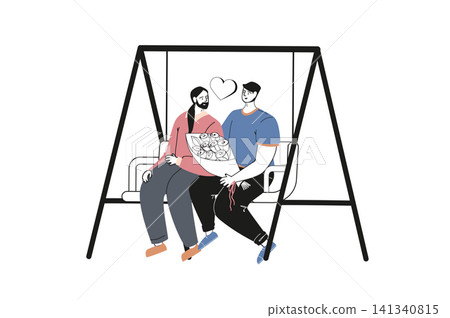 LGBTQ couple flat concept with people for web design. Happy homosexual men falling in love on romantic date, swinging, giving flower gift. Gay partners take care in relationship. Vector illustration. LGBTQ couple flat concept with people for web design. Happy homosexual men falling in love on romantic date, swinging, giving flower gift. Gay partners take care in relationship. Vector illustration. 141340815